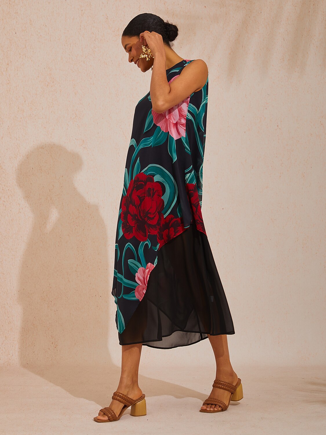 Vacation Artistic Floral Faux Layered Chiffon Maxi Dress
