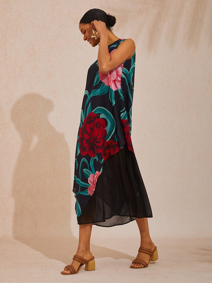 Vacation Artistic Floral Faux Layered Chiffon Maxi Dress