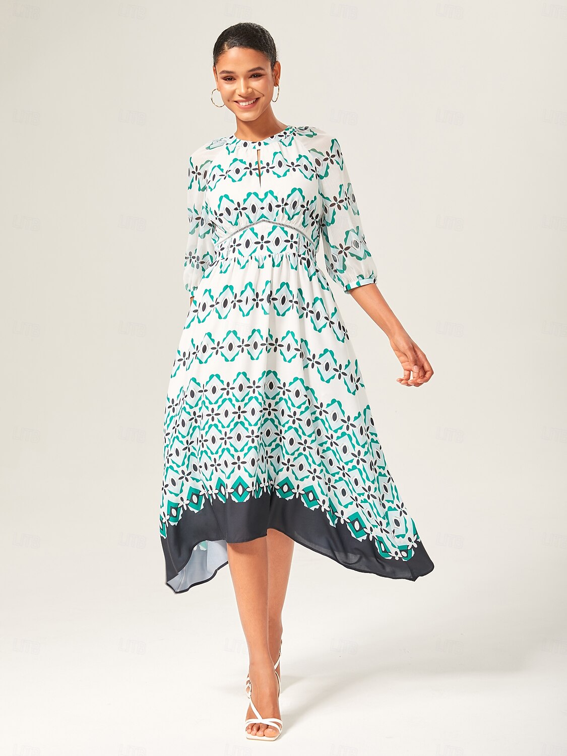 Geometric Cinched Waist Midi Dress