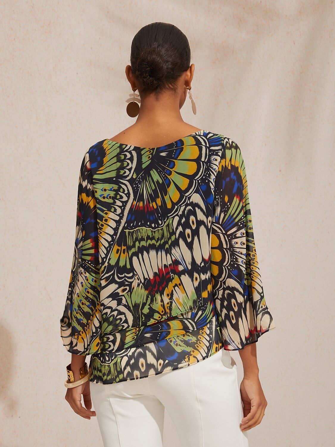 Vacation Butterfly Color Block Print Loose Chiffon Top