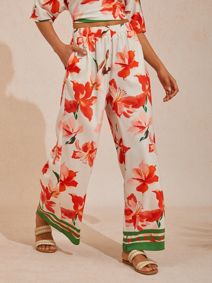 Vacation Color-Block Floral Elastic Waist Satin Wide leg Pants