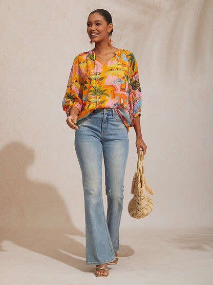 Vacation Beach Element Print Loose fit Chiffon Top