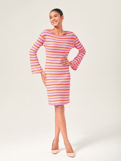 Elegant Rainbow Wave Stretch Knit Mini Dress
