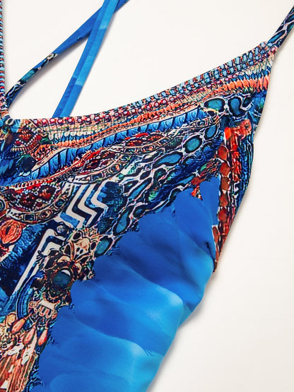 Vacation Feather Leopard Print High Stretch Fabric Tie Swimsuit