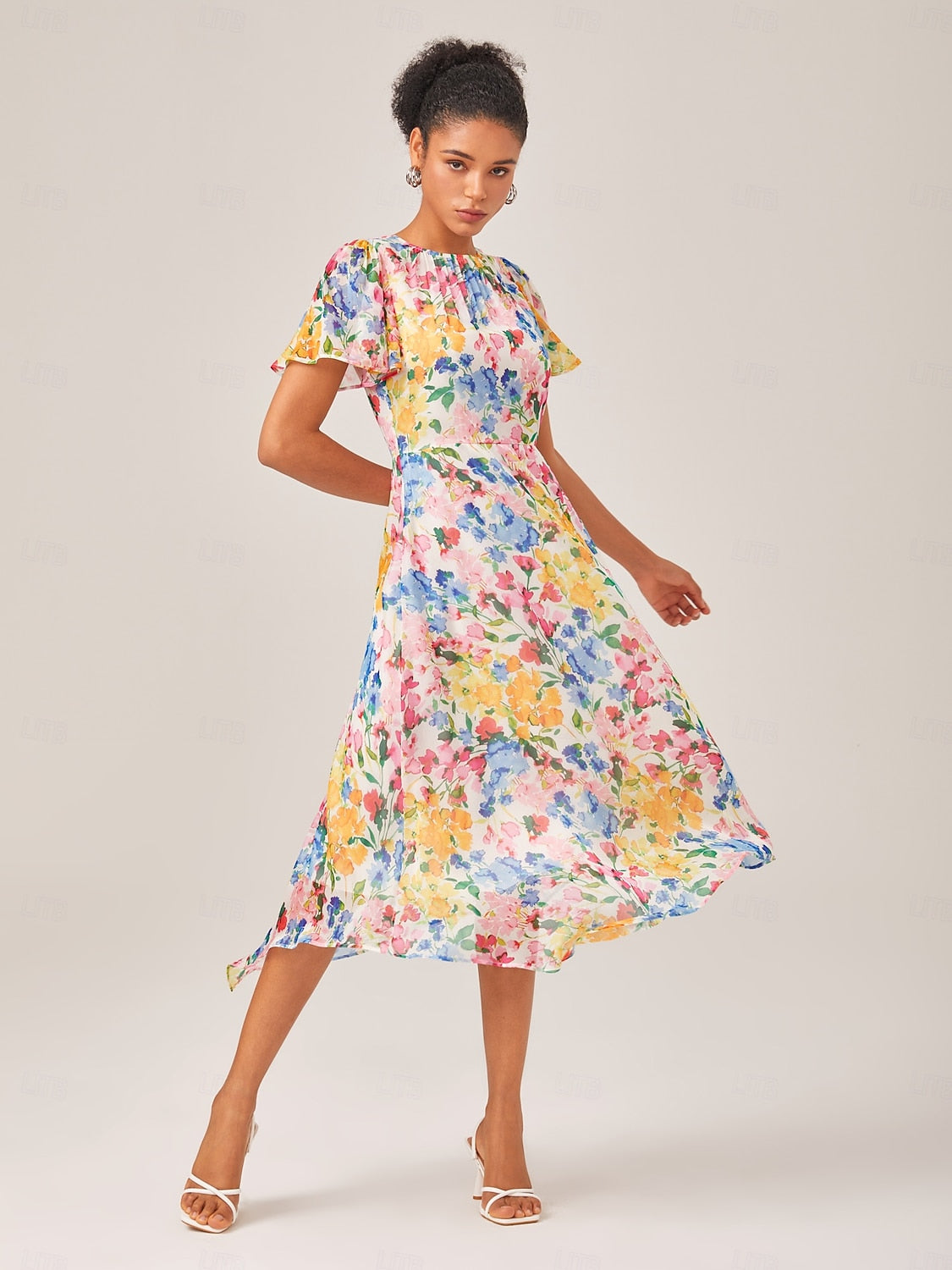 Chiffon Floral Print A-Line Short Sleeve Dress