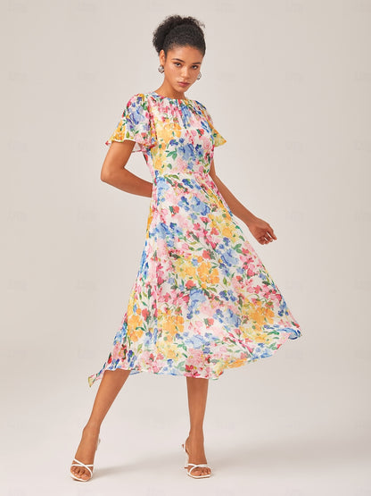 Chiffon Floral Print A-Line Short Sleeve Dress