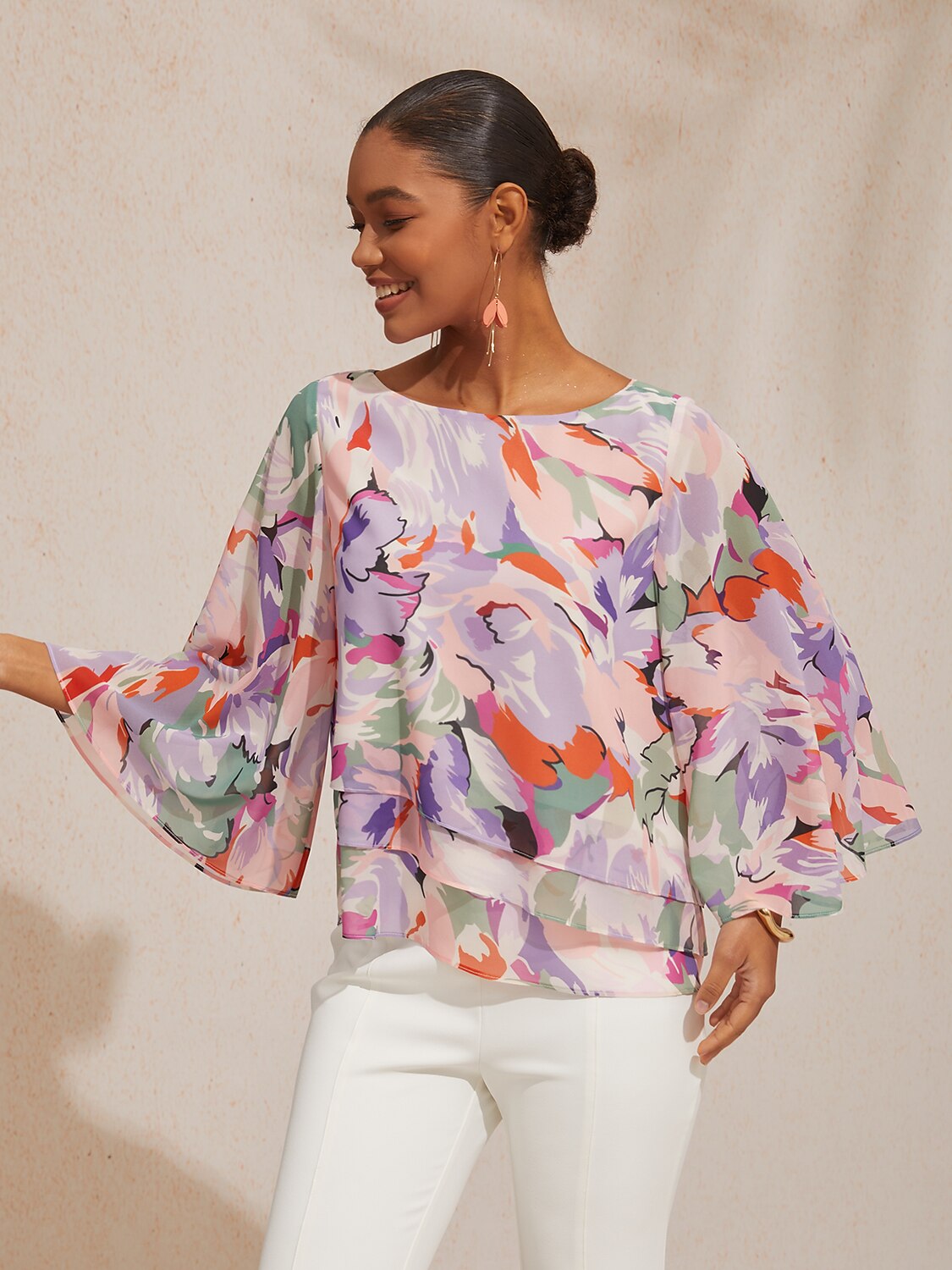 Vacation Abstract Floral Print Layered Design Chiffon Blouse