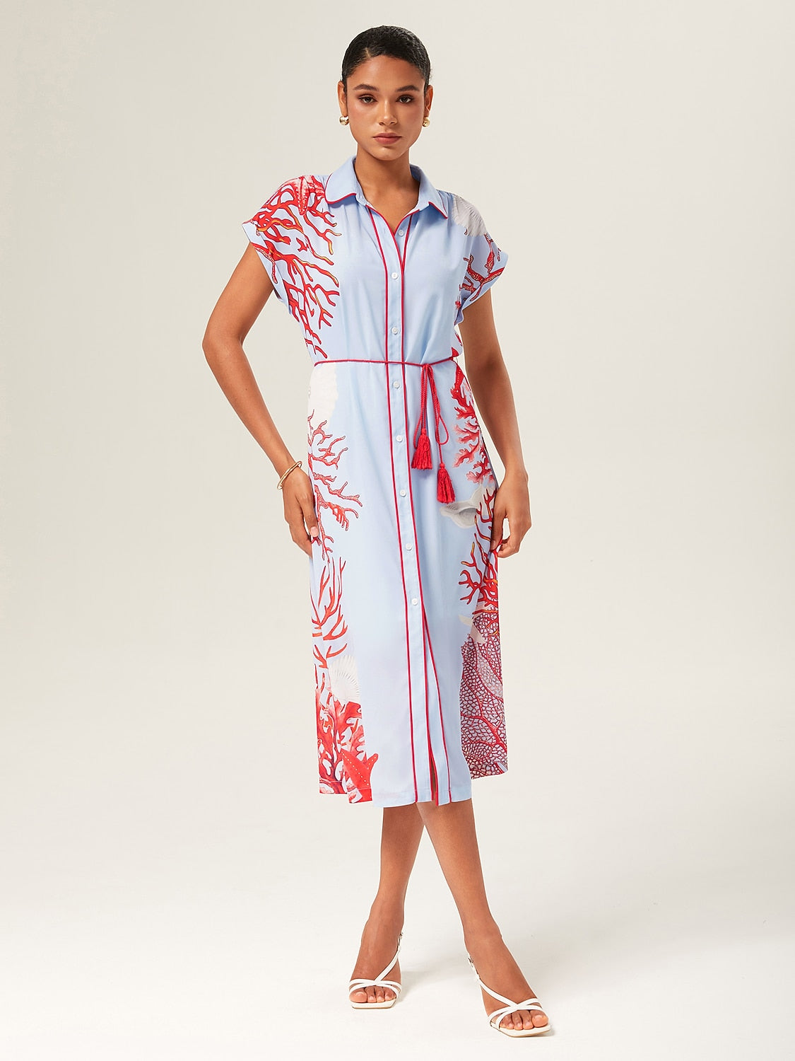 Loose Color-Block Coral Shirt Dress