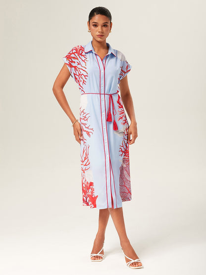 Loose Color-Block Coral Shirt Dress