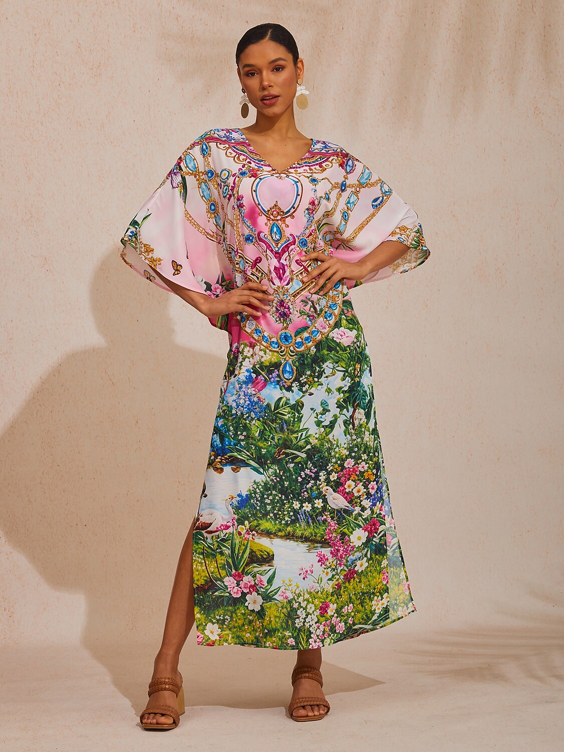 Vacation Jungle Print Dolman Sleeve Chiffon Maxi Dress