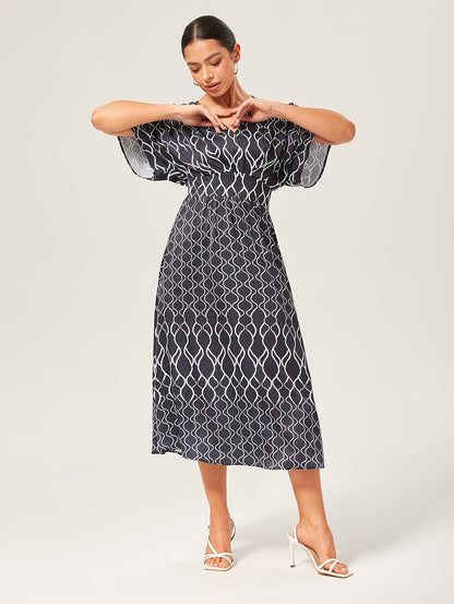 Geometric Print V-Neck Cinched Maxi Dress