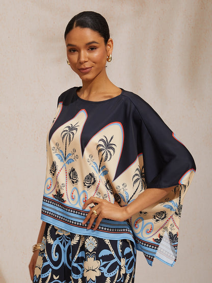 Summer Night Palm Silky Satin Dolman Sleeve Top