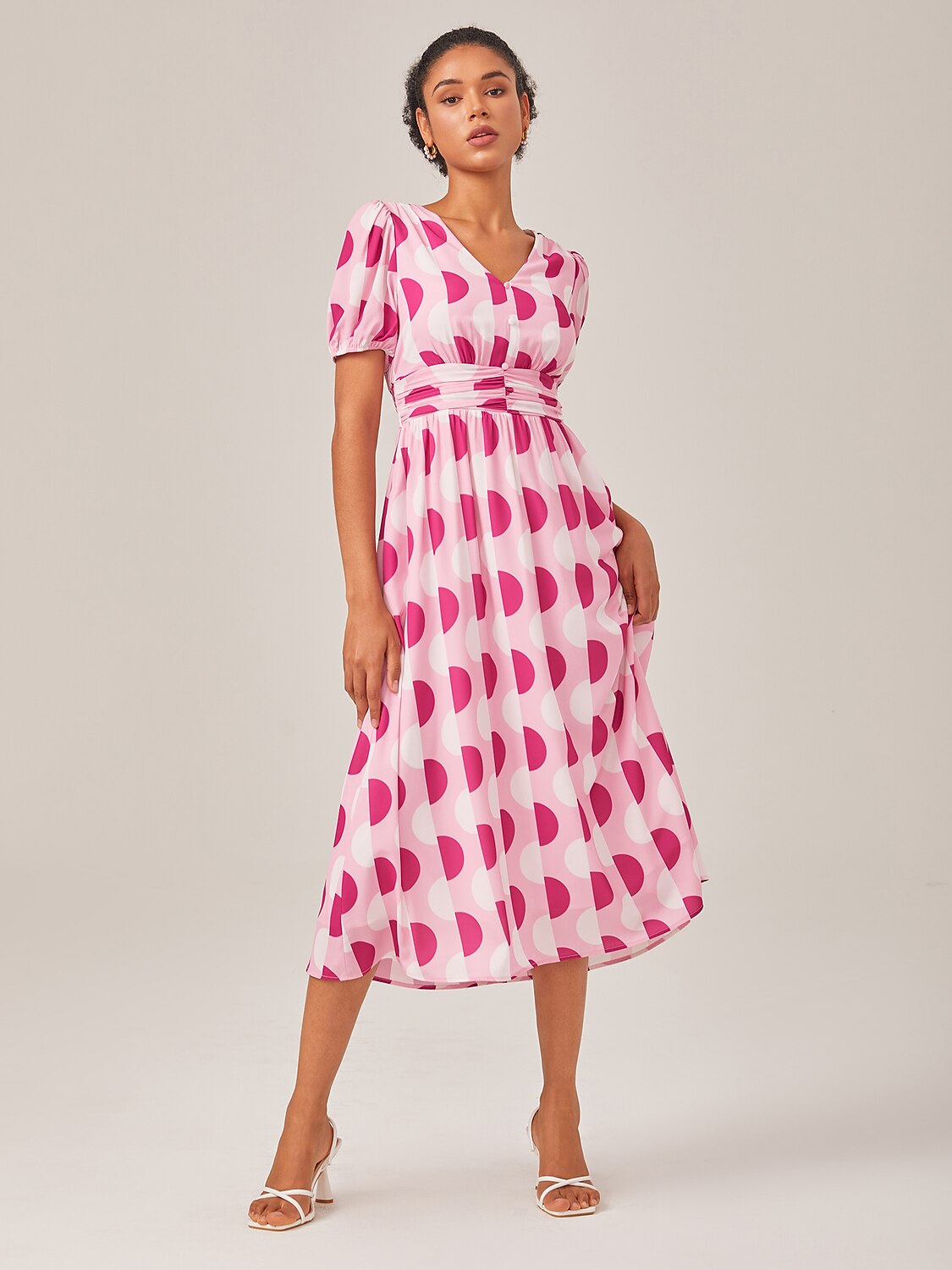 Pink Polka Dot Geometric Print Cinched Waist Dress
