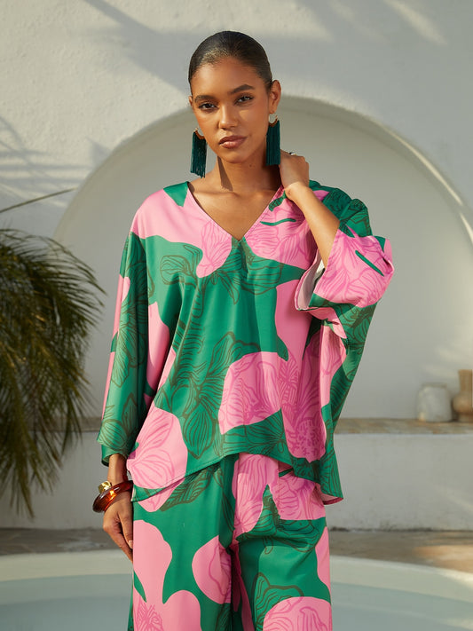 Vacation Contrast Geometric Print Dolman Sleeve Satin Top