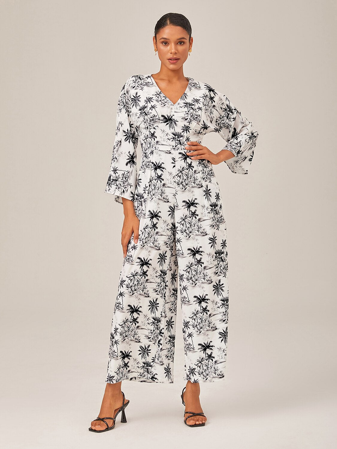 Palm Tree Print Vacation Style Satin Jumpsuit