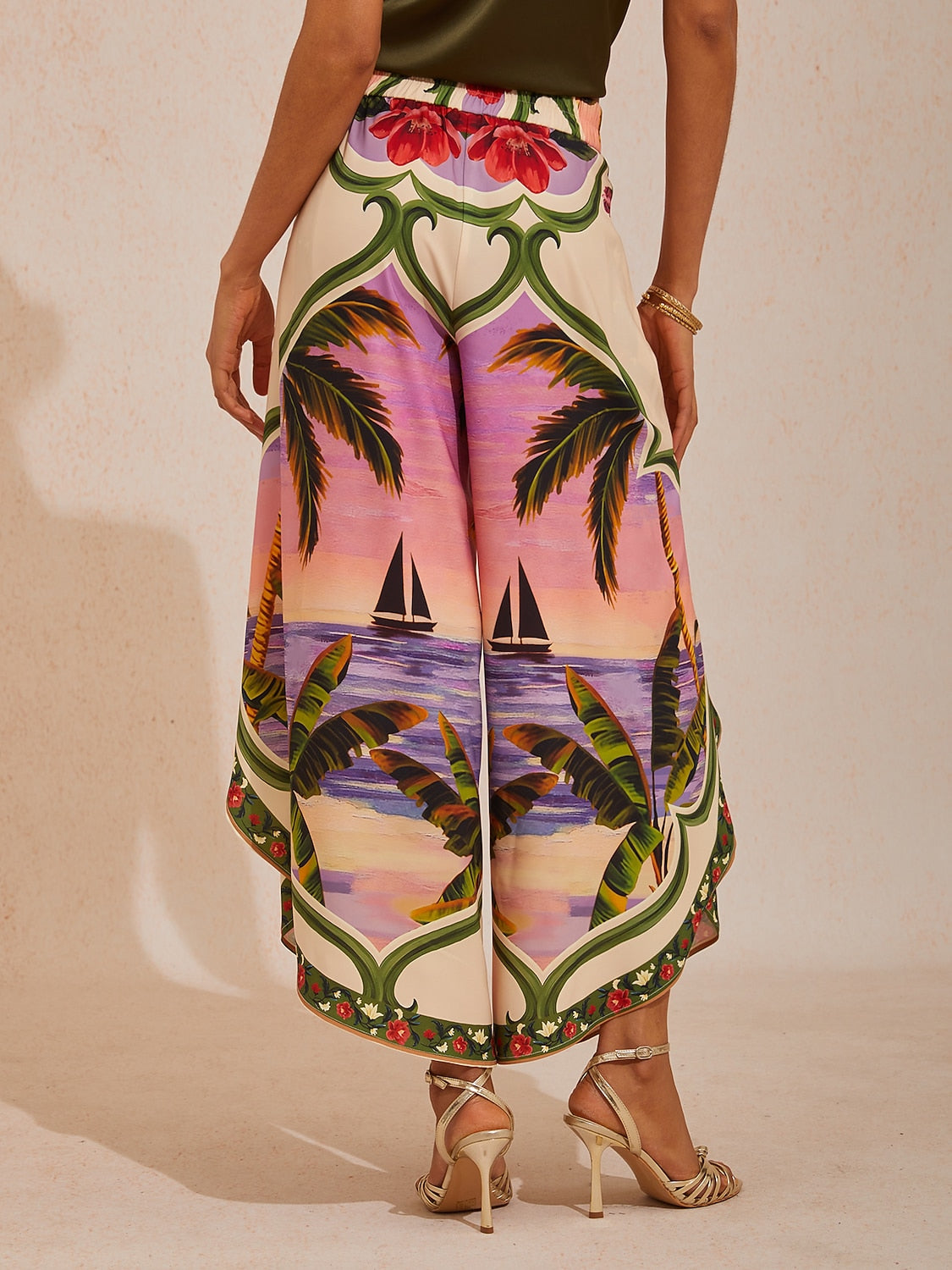 Vacation Placement Floral Crisscross Satin Wide leg Pants