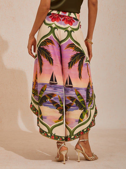 Vacation Placement Floral Crisscross Satin Wide leg Pants