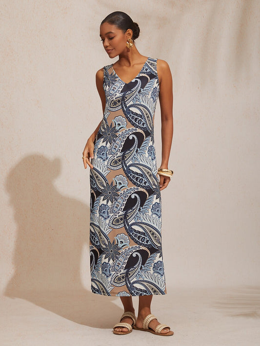 Vacation Vintage Paisley Fitted High Stretch Knit Maxi Dress