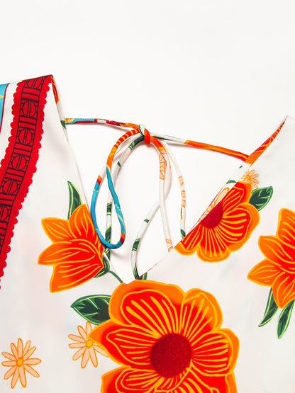 Floral Print Mini Dress Orange Flower Pattern