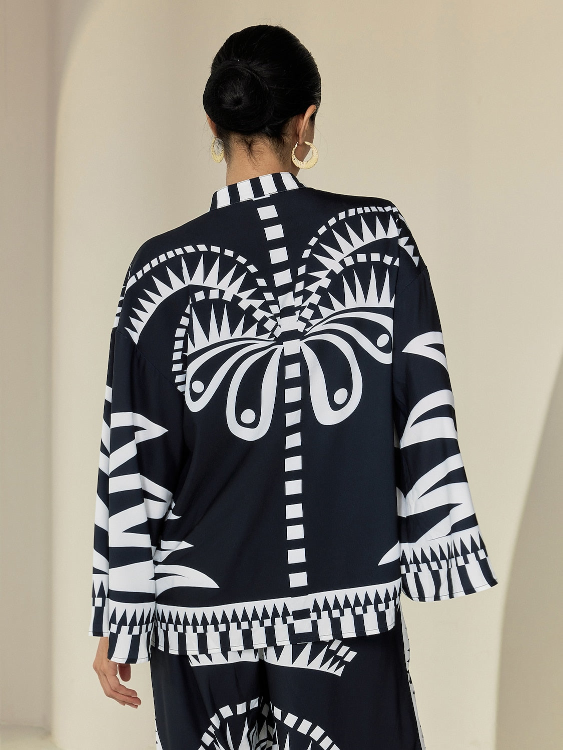 Blouse Black Satin Geometric Print Flare Cuff