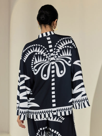 Blouse Black Satin Geometric Print Flare Cuff