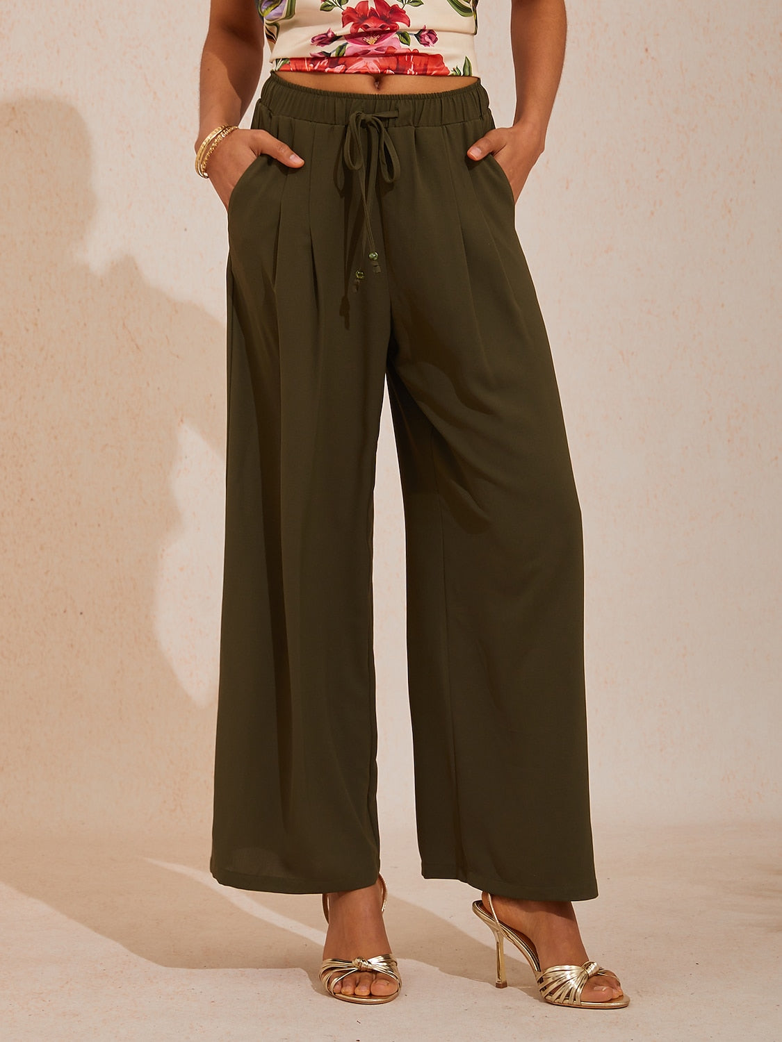 Vacation Elastic Drawstring Wide leg Pants