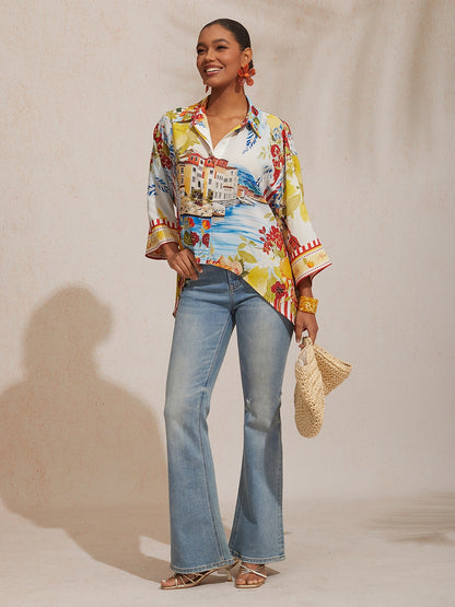 Vacation Scenic Floral Print Dolman Sleeve Chiffon Short Shirt