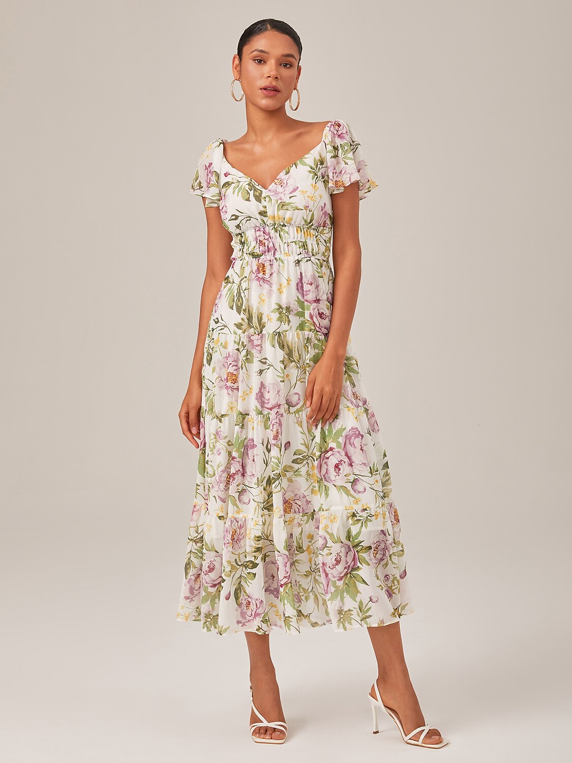 Elegant Floral Print Chiffon Flowy V-Neck Backless Maxi Dress