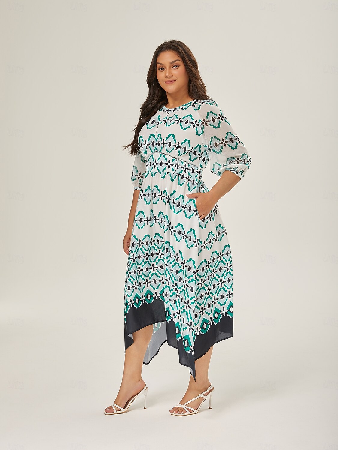 Geometric Cinched Waist Midi Dress