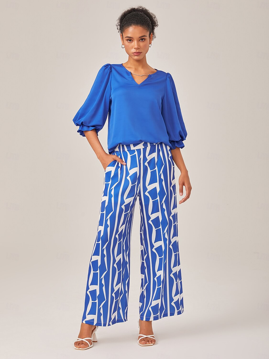 Satin Vacation-Style Solid Blue V-Neck Ruched Top