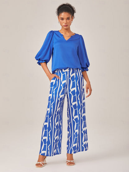 Satin Vacation-Style Solid Blue V-Neck Ruched Top