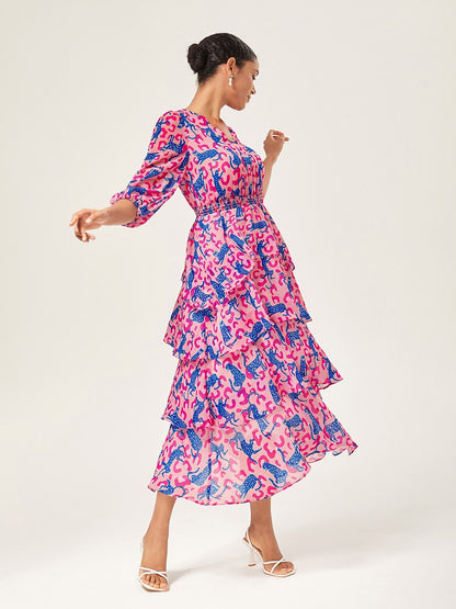 Pink Leopard Chiffon Cinched Peplum Dress