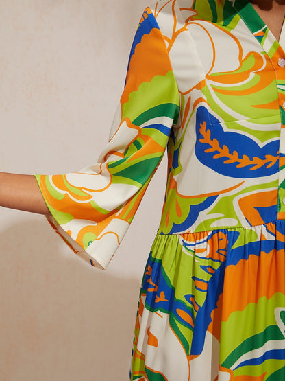 Vacation Color Contrast Floral Print Ruched Satin Maxi Dress