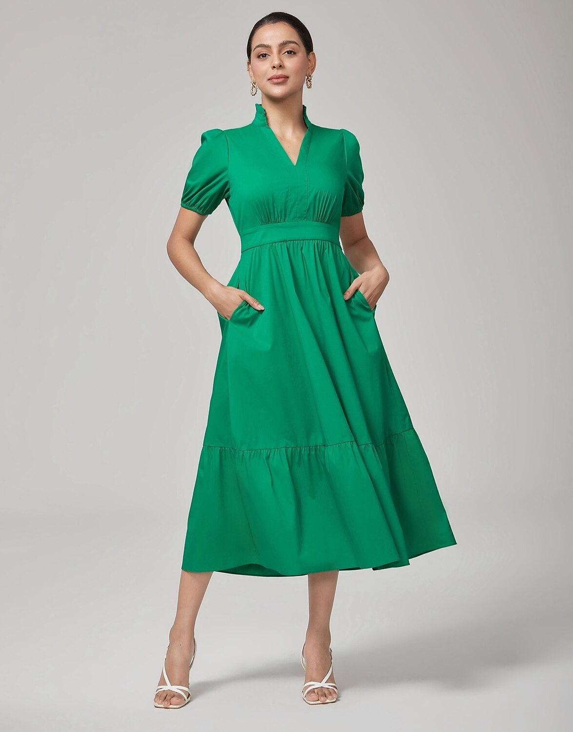 Deep Moss Green Cotton Puff  Dress
