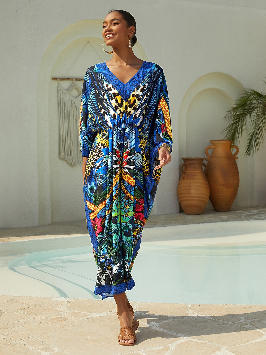 Vacation Feather Leopard Print Dolman Sleeve Chiffon Maxi Dress