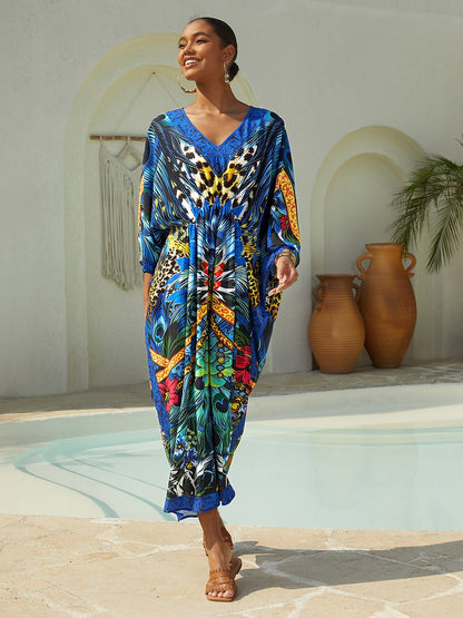 Vacation Feather Leopard Print Dolman Sleeve Chiffon Maxi Dress