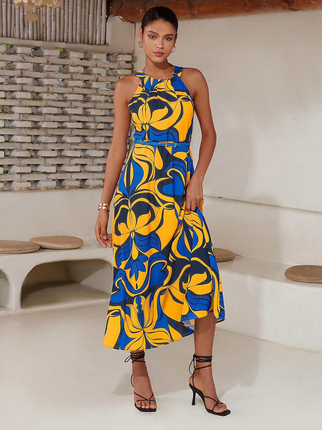 Midi Dress Midi Dress Yellow less Floral Belted Printing High Pattern Dress