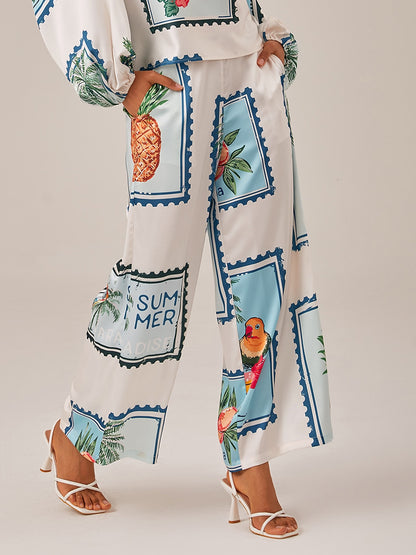 Satin Casual Seamless Pattern Print Elastic Waist Wide Leg Pants