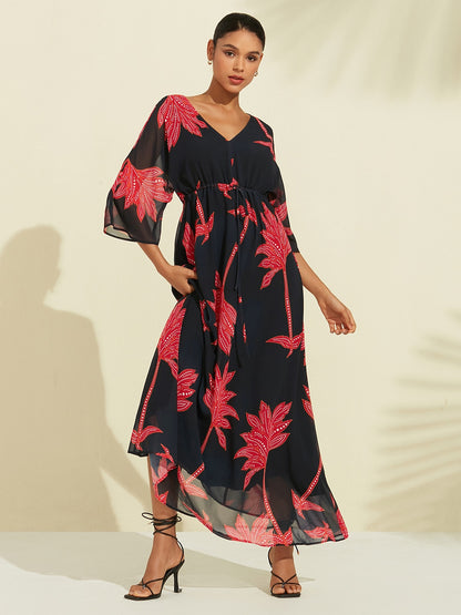 Print Dress Maxi Dress Black Flower/Plants Printing