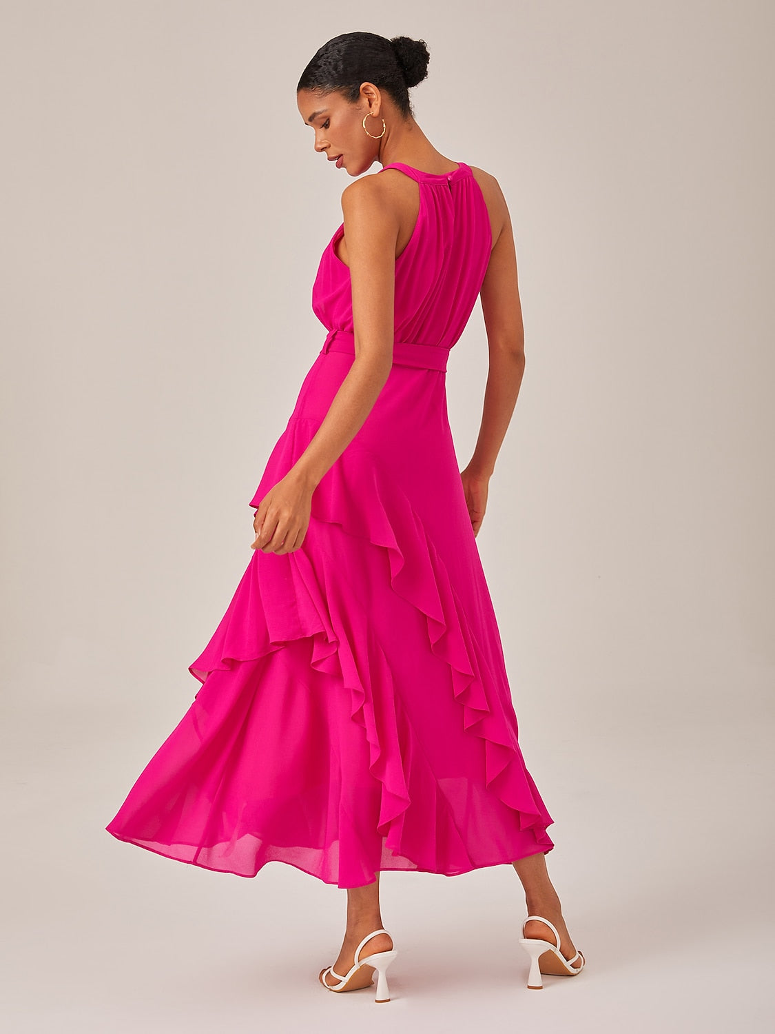 Dress Rose Red Solid Color Ruffle Mismatched