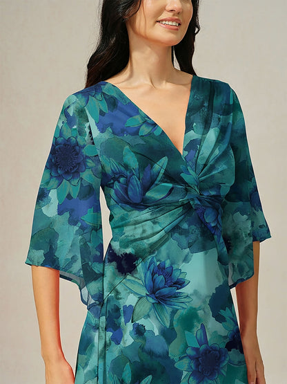 Maxi Dress Green Abstract Floral Print Twist Knot