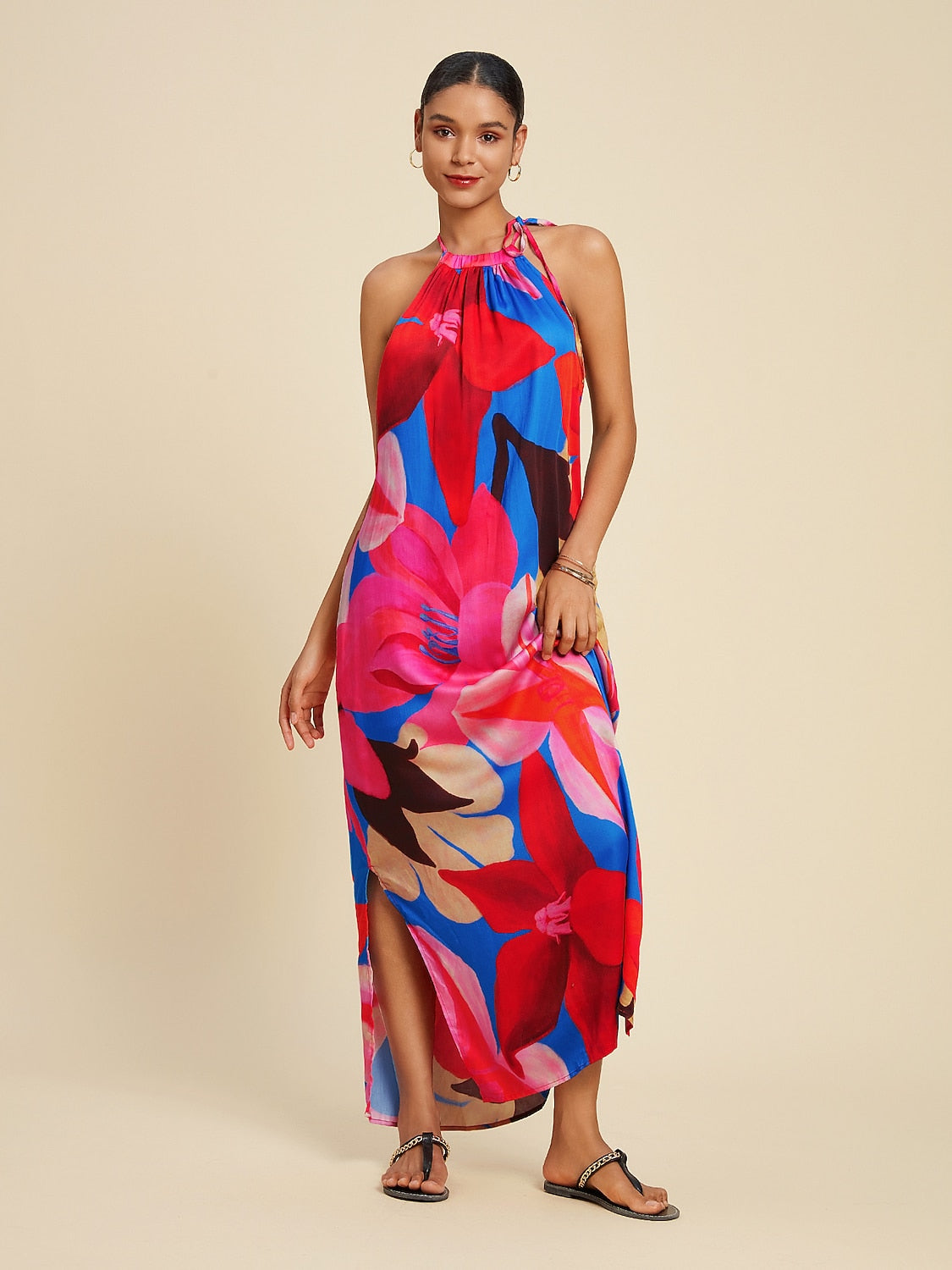 Tencel Floral Print Halter Maxi Dress