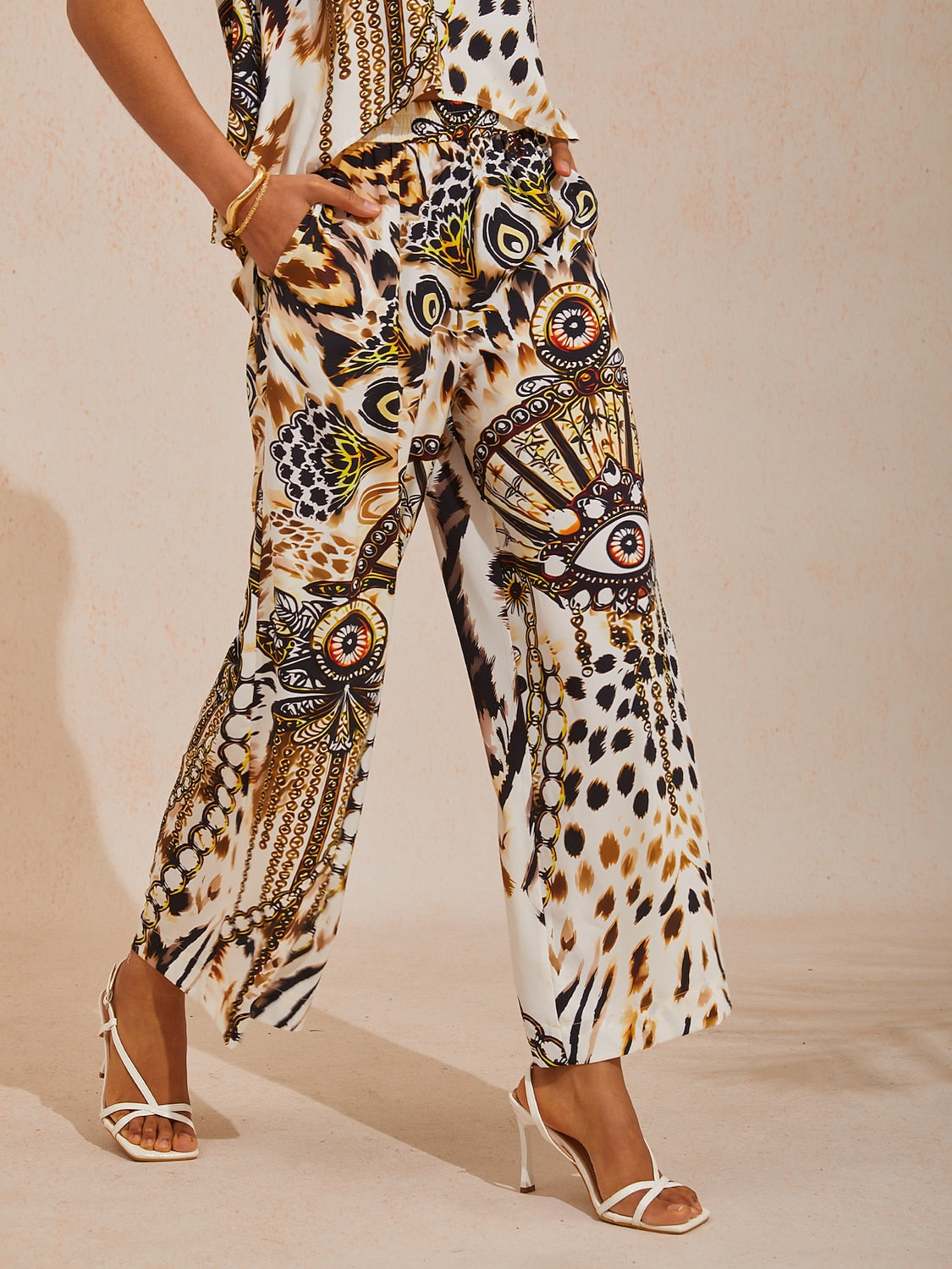 Vacation Leopard Chain Print Elastic Waist Satin Straight Pants