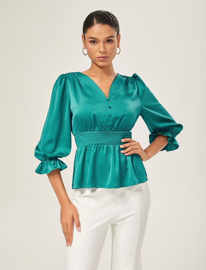 Elegant Lake Green Satin Cinched Blouse