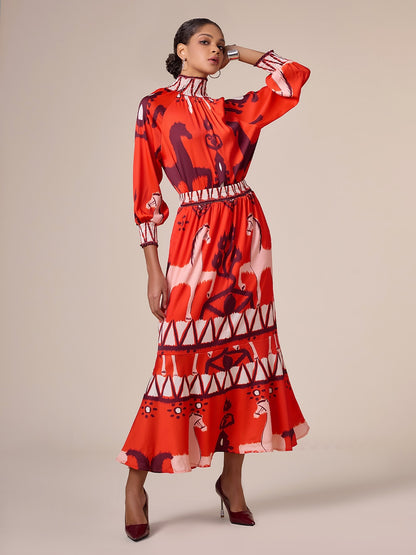 Chiffon Orange Printing Elegant Bohemia Midi Skirt