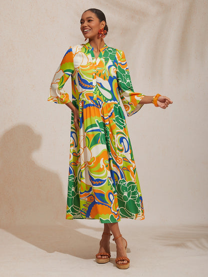 Vacation Color Contrast Floral Print Ruched Satin Maxi Dress