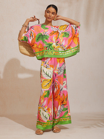 Summer Night Palm Silky Satin Dolman Sleeve Top