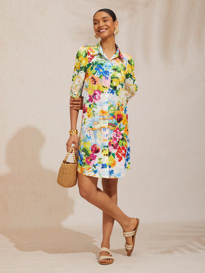 Vacation Scenic Floral Print Straight Satin Shirt Dress