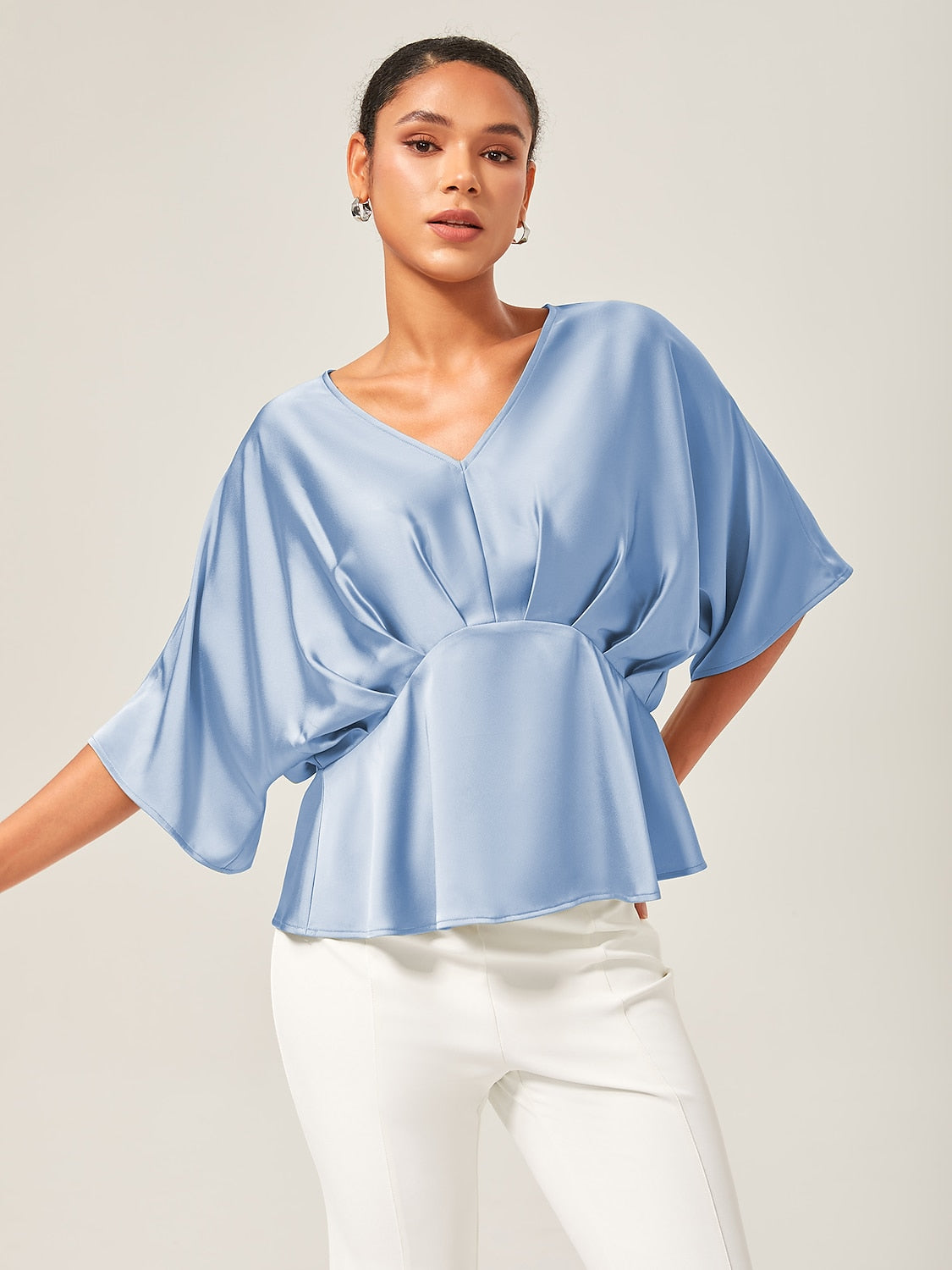 Satin Dolman Sleeve Inverted Pleat V-Neck Top