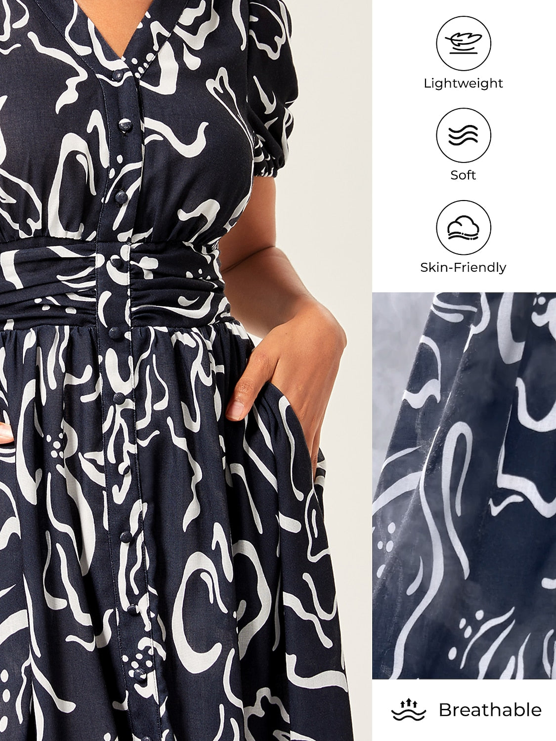 Abstract art print Linen-Like Fabric Waist-Cinching Maxi Dress